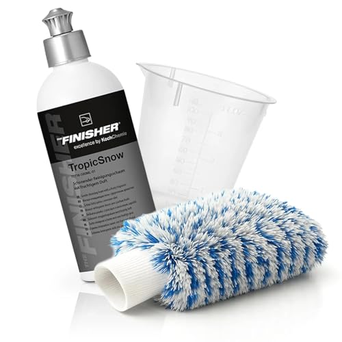 wortek Set de cuidado de coche con champú de espuma Koch Chemie The Finisher TropicSnow pH neutro, guante de lavado de microfibra wortek y vaso medidor de 100 ml, espuma de nieve pH neutro para