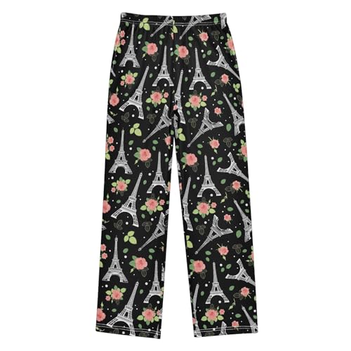 Eiffel Tower Rose Floral Boys Long Pants Soft Trousers Elastic Waist Kids Lounge Bottoms with Pockets S-XL