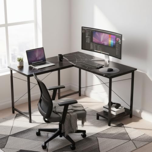 Image of RIZIK Store L-Shaped Computer Desk | 50-Inch Corner Gaming & Study Table with Engineered Wood Top, Metal Frame & CPU Shelf | Writing Workstation for Bedroom, Office & Small Rooms (Black)