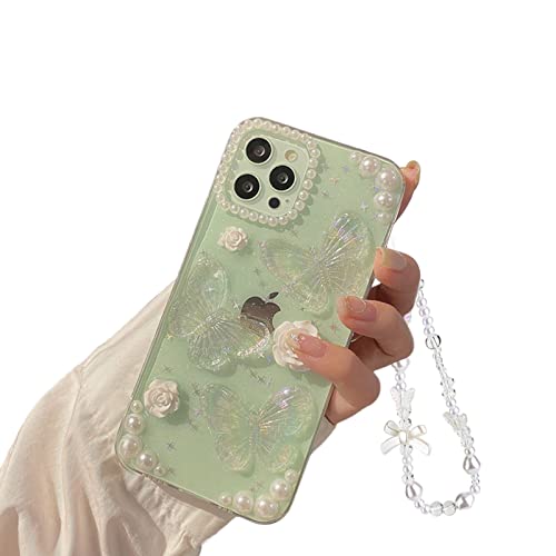 Ownest Compatible with iPhone 13 Pro Max 3D Butterfly Floral Clear with Design Aesthetic Women Teen Girls Glitter Crystal Sparkly Cute Phone Cases iPhone 13 Pro Max Protective Cover+Pearl Chain