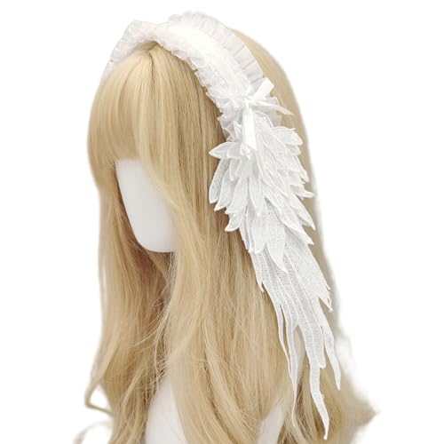 Angel Wing Headband Gothic Lolita Lace Hair Accessory White & Black Feather Wing Cosplay Hairpiece Headdress for Women (White)