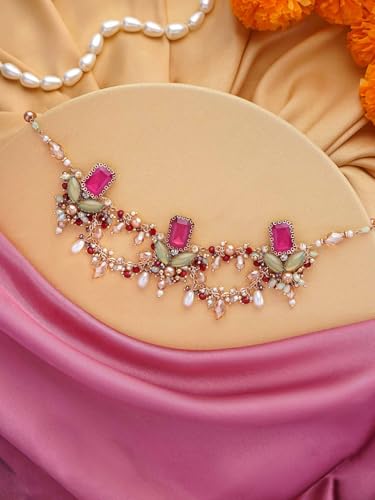 Image of SANJOYA Gold Plated Traditional Embroidered Jewellery for Women & Girls | Stone Studded Wedding, Festive, Mehendi, Sangeet Collection | Necklace, Earrings, Maang Tikka, Bracelet & Ring