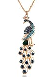 Alilang Golden Tone Blue Green Colored Rhinestone Peacock Bird Pendant Chain Necklace
