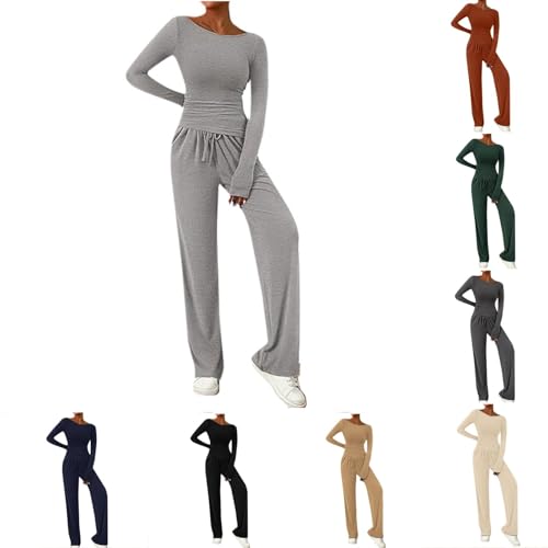 AMDOLE - Chándal de dos piezas para mujer, primavera, otoño, manga larga, pantalones de pierna ancha, conjuntos de relajación a juego, Gy2, XL