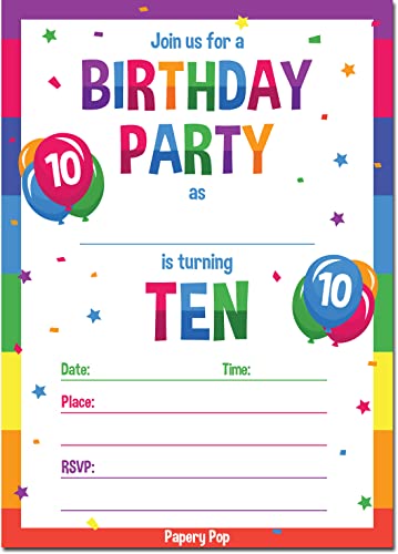 Papery Pop 10th Birthday Party Invitations with Envelopes (15 Count) - 10 Year Old Kids Birthday Invitations for Boys or Girls - Rainbow