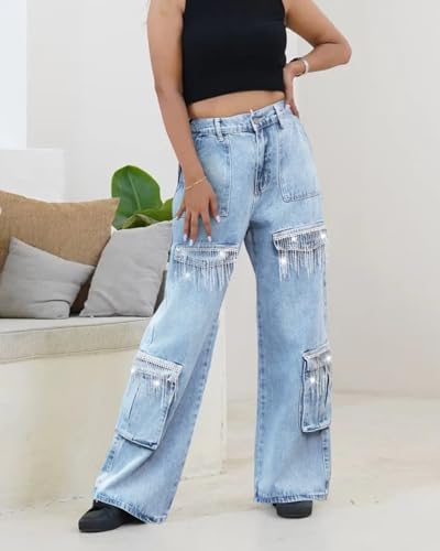Women's Cargo Denim Jeans Sparkly Glitter Fringe Jeans Nashville Wide Leg Pants with Rhinestone Tassel4