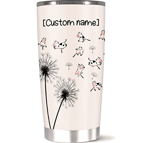 calanaram Personalized Coffee Tumbler, Customized Name Dandelion Cow Lover Gift For Women Men Family On Birthday Christmas, Insulated Cup, Travel Mugs, Stainless Steel Tumbler 20 30 Oz, Multicolor