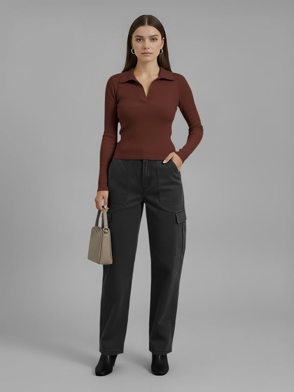 Image of Dream Beauty Fashion Women's Collared Neck Long Sleeve Slim Fit Casual Tee Top for Woman