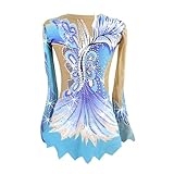Kmarouse Girls Long Sleeve Rhythmic Gymnastic Leotards with Rhinestones, Aldult High Elasticity Printing Gymnastics Bodysuit(XL)