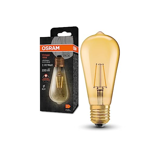 Osram Vintage 1906 Classic Edison FIL LED-Lampe, E27, gold, 2,2W, 250lm, 2400K, warmweiße Komfortlichtfarbe, sehr geringer Energieverbrauch, lange Lebensdauer