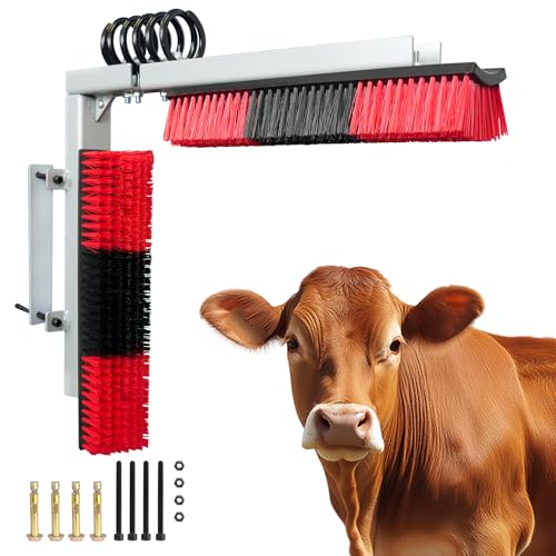 Livestock Scratch Brush With Spring Iron Holder,Animal Back Scratching Brush Including 4pcs goat brushes, 4 stands and accessories For Cow,Cattle,Sheep, Horses,Pigs,Massage Grooming Tool(Red)