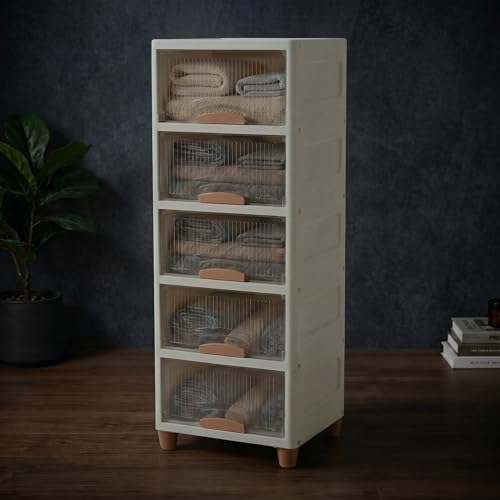 Image of Ash & Roh Multi-Layer Plastic Storage Cabinet with Transparent Flip Door | Space Saving Organizer for Kitchen, Bedroom, Office | Almirah for Clothes - Wardrobe Cabinet | (5-Tier White Box)
