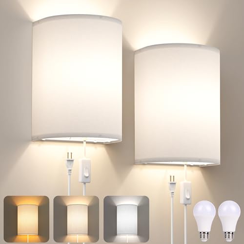 Image of Plug in Wall Sconces Set of Two: Wall Lights with On /Off Switch - Stepless Color Temperature Wall Mount Lamps - Fabric Linen Wall Sconce for Bedroom Living Room & Hallway- Indoor Corded Wall Sconces