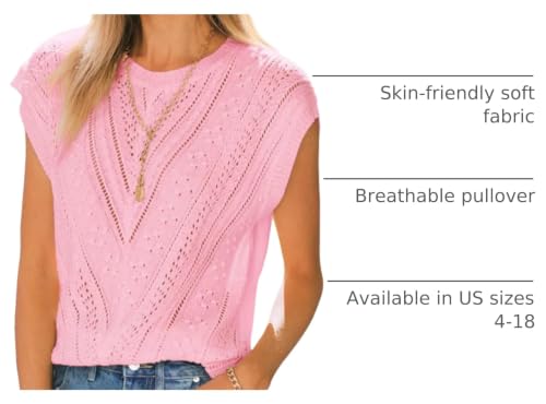 Image of Langwyqu Womens Cap Sleeve Tops Summer Crew Neck Shirt Lightweight Crochet Knit Sweater