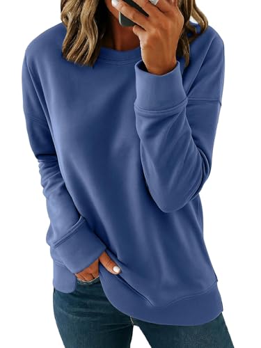 KINGFEN Womens Sweatshirts Long Sleeve Crew Neck Fall Sweatshirt Women Solid Color Pullover Sweatshirts for Women Casual Tops Dark Blue Large
