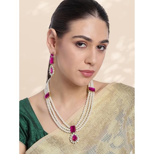 Image of Peora Crystal Faux Pearl Kundan Necklace & Jewellery Set Gift for Women