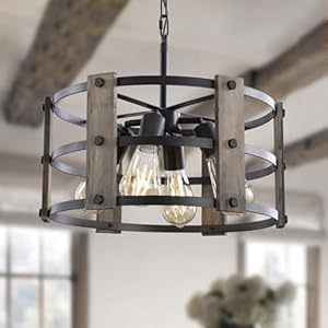 Rustic Farmhouse Chandelier 4 Lights Pendant Light Fixture Adjustable Height Grey Vintage Wood Hanging Pendant Lighting for Entryway Kitchen Island Foyer Dining Room Living Room Bedroom