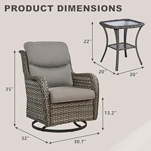 Wicker Rocking Chair Swivel Chairs 3 Piece Rocker Patio Furniture Set Rattan Rocking Bistro Sets with Glass Top Side Table for Outdoor Porch Deck Garden Backyard Mixed GreyGreySmile