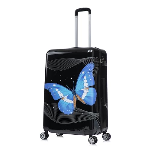 Image of InUSA Black Butterfly Print Luggage with Spinner Wheels | Durable Lightweight Hardside Suitcase | Travel Bag with Handle and Trolley | 28-Inch Large Checked luggage