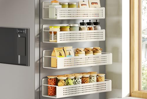 SONGMICS Gewürzregal magnetisch, 4er Set, 2 große und 2 kleine Regale, Gewürz-Organizer ohne Bohren, Magnetregal, für Küche, Kühlschrank, Mikrowelle, Waschmaschine, cremeweiß KCS061W01