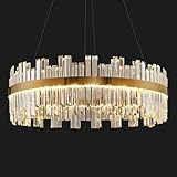Gold Modern Crystal Led Chandelier: 23.6" Dimmable K9 Crystals Chandeliers over Table - Golden Luxury Glass Round Chandelier - Height Adjustable Drum Chandelier with Remote for Dining Room Living Room