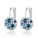 Multicolored Austrian Crystal Earrings for Women 14K Gold Plated Leverback Dangle Hoop Earrings (Blue Main Crystal/Silver-tone)
