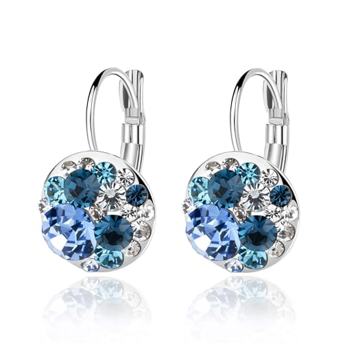 Multicolored Austrian Crystal Leverback Earrings for Women 14K Gold Plated Dangle Hoop Earrings Hypoallergenic Jewelry