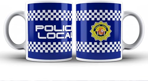 Genérico Taza Policía Local con franjas, escudo, letras y fondo azul. Para desayuno, café o infusión. Se puede fregar y meter al microondas. De cerámica. Aguanta calor y frío