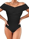 Women's Criss Cross Off Shoulder Bodysuit Tops Wrap Ruched Body Suit Blouses Black X-Large