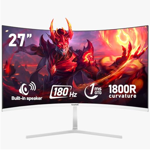 Gawfolk 27 Inch PC computer screen,1800R Curved Gaming 180Hz Monitors, FHD1080p,1ms,Built-in speaker, freesync, 98% sRGB,178 ° Angle View,HDMI VGA, Compatible with Wall-Mounted 100 * 100MM-White
