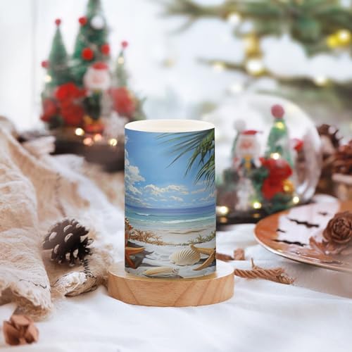 Image of Flickering Flameless Candles, Starfish Seashell Beach Palm LED Candles with Remote Timer, Set of 2 Battery Operated Candle for Valentine Wedding Birthday