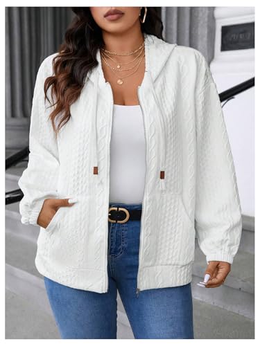 Women's Plus Size Textured Zip Up Jacket Long Sleeve Cable Knit Drawstring Hoodies with Pockets3