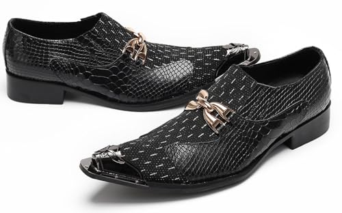 Santimon Men’s Slip-On Dress Loafers with Gold Chain & Metal Toe – Mixed-Texture Crocodile Embossed Leather Wedding Party Disco Bar Shoes 6