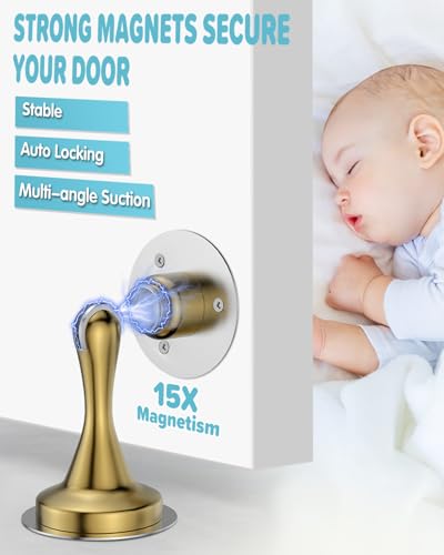 Image of Magnetic Door Stopper for Bottom of Door Catch, Heavy Duty Magnets Door Stops Holder to Keep Door Open, No Drill Strong Adhesive & Screws, Wall & Floor Mounting Stainless Steel Doorstop 4 Pack Gold