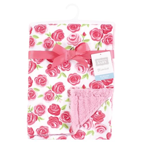 Image of Hudson Baby Unisex Baby Plush Blanket with Furry Binding and Back, Pink Roses, One Size