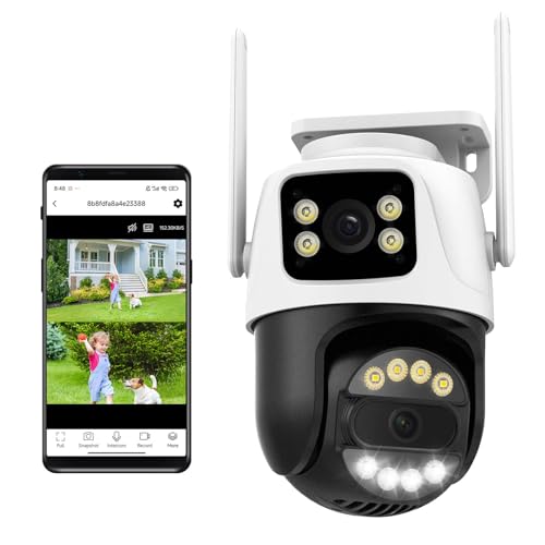 6MP WiFi Dual Lens Outdoor Security Camera Outdoor,Home Surveillance Camera, 2.4GHz Wireless, PTZ, 355°Pan, 90°Tilt, Human Detection & Auto Tracking, 2-Way Audio, IP66, Night Vision, 24/7 re