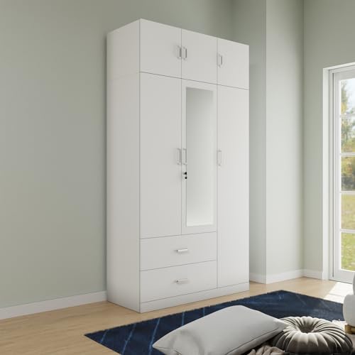 Image of VIKI Wardrobe | Wooden Almirah for Clothes,Door for Bedroom, 3 Door Loft Wardrobe with Drawer, Mirror & Hanging Space (Frosty White - 40D x 120W x 220H) | 1 Year Warranty | Free Assembly