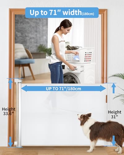Image of Retractable Baby Gate for Doorways and Stairs, Mesh Safety Gate for Pet, Indoor & Outdoor Use, One-Hand Operation, Easy Installation, 33.6 inch Tall, Expands to 71 inch Wide(White,33.6 inchx71 inch)
