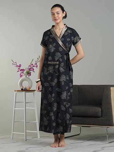 Image of 9shines Label Stylish Cotton Nighty Robe for Women | Front Open Floral Housecoat | Wrap Nighty with Pocket | Adjustable Waist Tie | Plus Size housecoat (HC-2026)