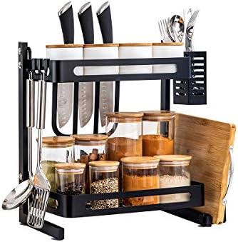 TOLEAD 2 Tier Spice Rack Kitchen Counter Organizer Heavy Duty Multifunctional Seasoning Storage Shelf with 3 Extra Side Hooks for Knife Block, Cutlery, Utensil and Board Holder, Black