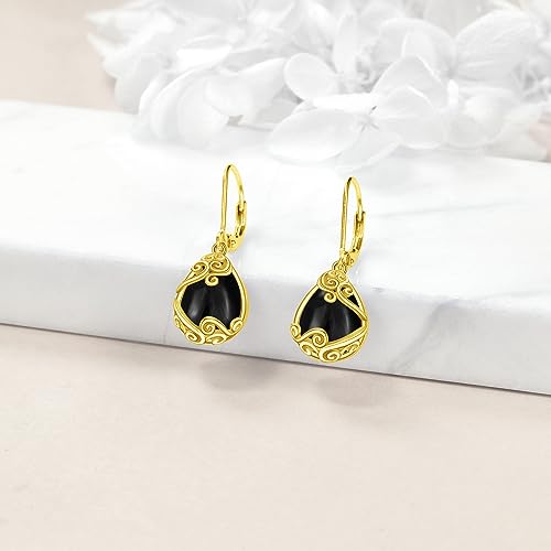 Black Onyx Drop Earrings for Women - Sterling Silver 18K Yellow Gold Plated Filigree Dangle Leverback Jewelry Gifts3