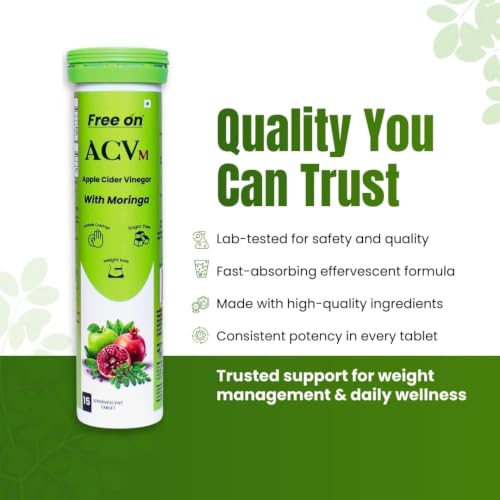 Image of Free On ACV Moringa Effervescent Tablets - Apple Cider Vinegar with Moringa - Controls Cravings, Boosts Metabolism & Weight Loss - Sugar Free - Pomegranate Extract, B6 & B12 - Green Apple (Pack of 4 (60 Tablets))