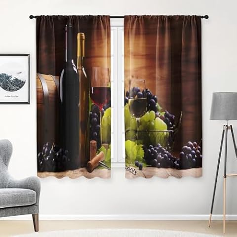 Tayney Wine Kitchen Curtains 63 Inch Length Farmhouse Window Curtains Over Sink Set of 2, Vintage Curtain for Bedroom Living Room, Rustic Retro Kitchen Decor 42x63 Inch Cover