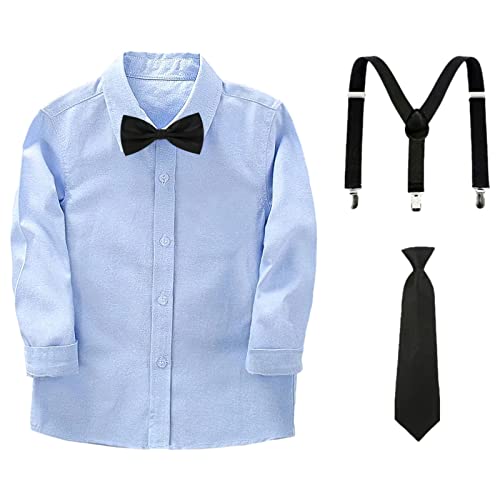 Image of amropi Boy Tuxedo Outfit 5-Piece Long Sleeve Bow-Tie Shirt and Suspender Pants Set for Age 1-13 Years