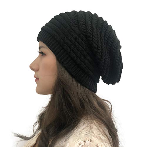 Lazzboy Mütze Damen Wintermütze Frauen Herbst Winter Outdoor Solid Splice Hüte Häkeln Strick Holey Beanie Cap Strickmütze Warme Mit Fleece Innenfutter Unisex Mehrweg (Schwarz) Cover