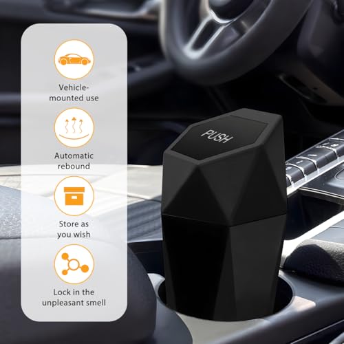 Image of Car Trash Can with Lid, Mini Leakproof Fragrance Vehicle Cup Holder Garbage Bin for Console Door, Small Portable Auto Interior Dustbin Organizer Accessories, Universal Fit (Black)