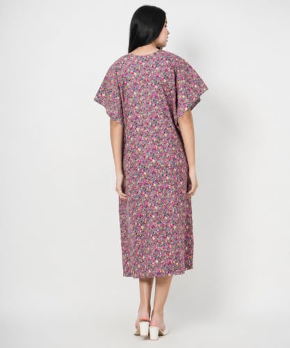 Image of Noty Women's- Kaftan | Maxi | Maternity | Feeding | Delivery Gown- Cotton Fabric- V Neck | Floral Print | 2 Pockets | Midi