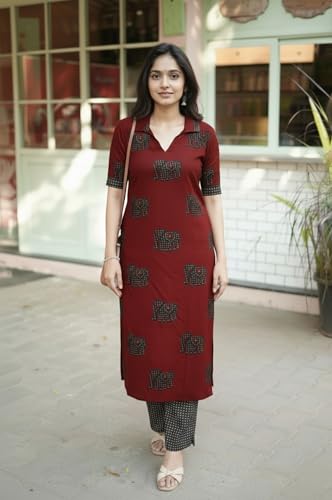 Image of ANNI Designer Women's Rayon Viscose Printed Kurta Pant Set | Collar Neck Straight Ethnic Suit for Casual, Daily, and Office Wear