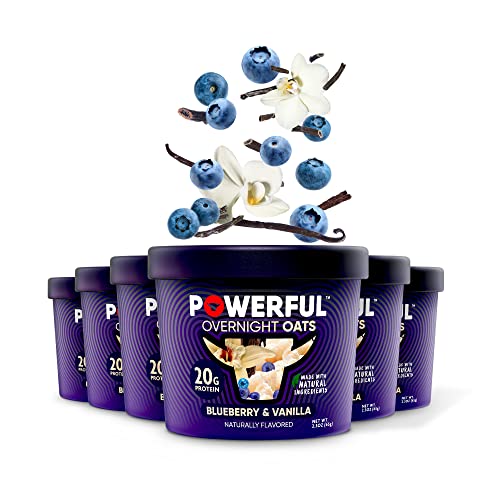 Powerful Overnight Oats Oatmeal Cup, High Protein, Whole Grain, Kosher, Natural Ingredients, 20g Protein, Blueberry and Vanilla, 6 Pack
