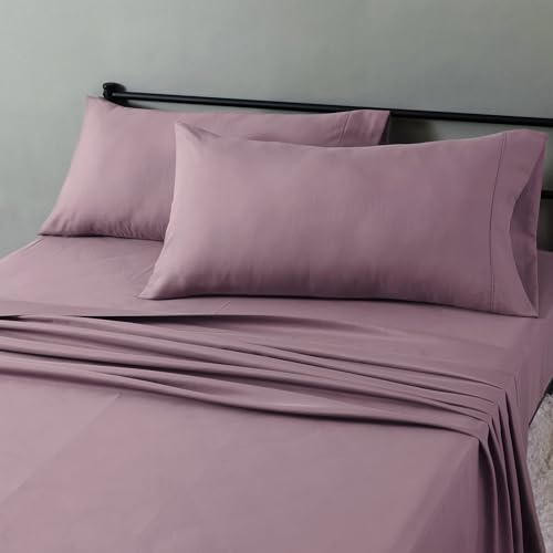 Image of Amazon Basics Lightweight Polyester Microfiber 4-Piece Bed Sheet Set, Machine Washable, King, Rose, Solid